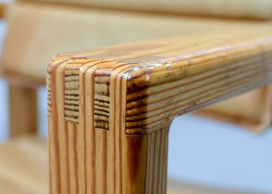 Image 1 of Mid-Century Pair of Dutch Design Camel Leather Cubic Pinewood Side Chairs by Ate van Apeldoorn for Houtwerk Hattem. 1960s.