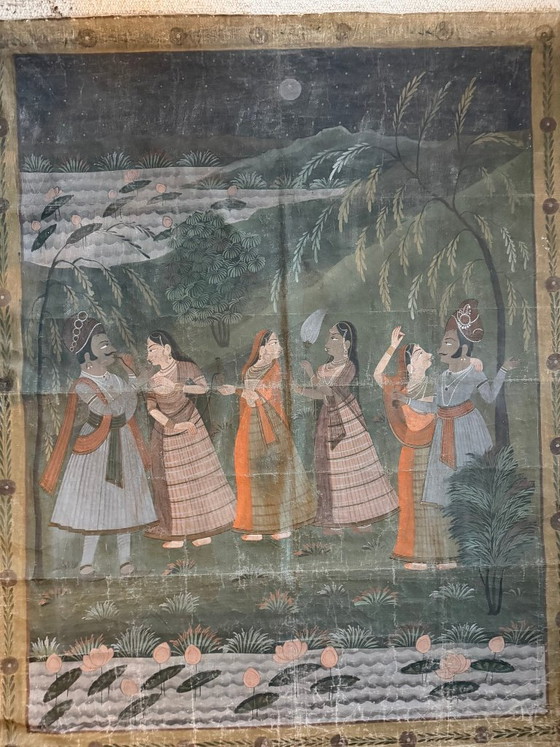Antikes Pichwai-Tempeltuch mit Krishna und Gopis – Indien, ca. 1880–1900 – Gemälde & Zeichnungen, Other (photo 5 of 5)