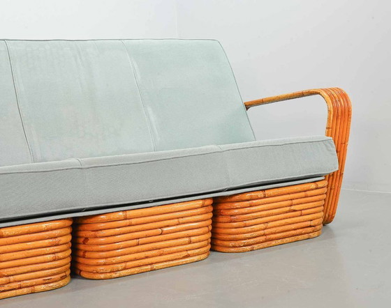 Image 1 of Fabulous Mid-Century Design Six Strand Rectangular Rattan 3-Seat Sofa with Frost Blue Fabric Cushions Attributed to Paul Frankl