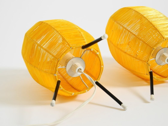 Image 1 of Two beautiful Mid Century modern tripod raffia table lamps