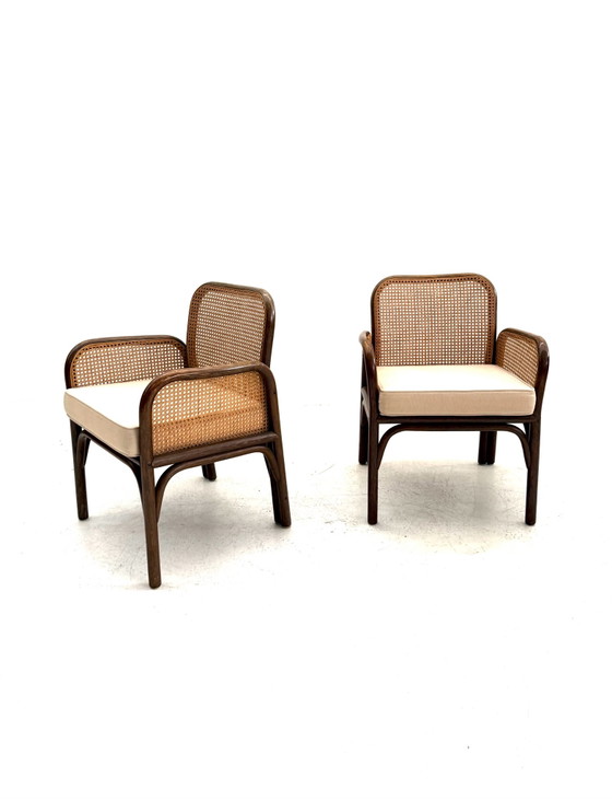 Set di 2 poltrone vintage in manou e tessitura, anni '60, Legno, Vimini, Marrone (foto 8 di 8)
