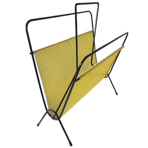 Revistero Pilastro de metal amarillo y negro estilo Pop Art vintage de mediados de siglo, años 50