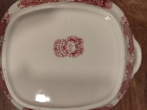 Image 1 of Antieke soepterrine, Old England, Cambridge Royal Swan / Engeland – Rood en wit – Vintage servies