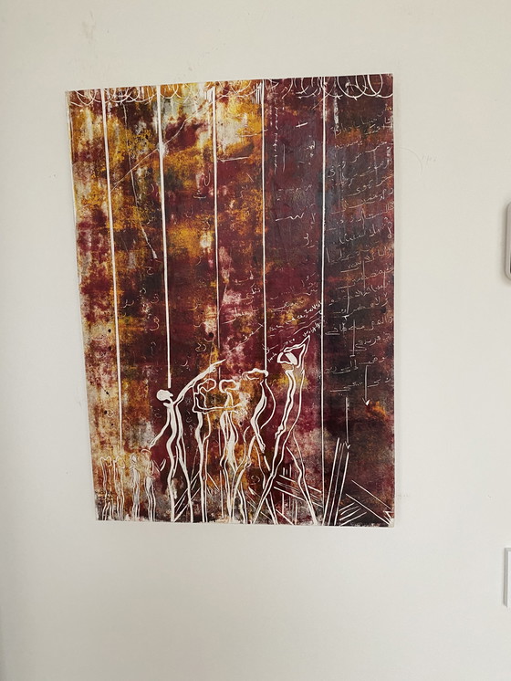 Image 1 of Schilderij  gemaakt op houd met een linoleum print gesigneerd 
