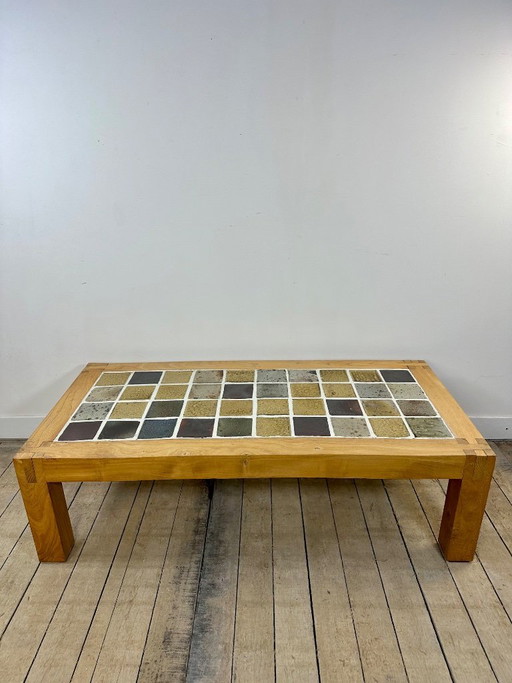 Coffee table in elm and stoneware, Maison Regain, 1970