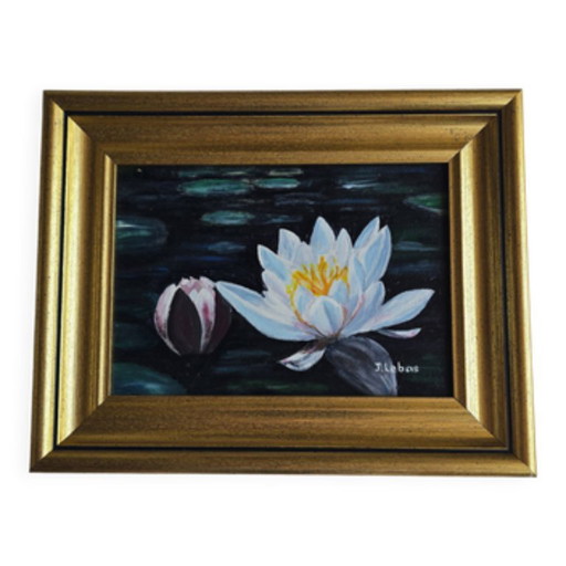 Water Flowers Painting Signed Jean Lebas – schilderijen tekeningen, Wood, Canvas