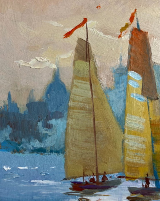 Image 1 of Peinture à l'huile originale représentant un bateau sur un paysage fluvial. Trois voiliers au crépuscule.