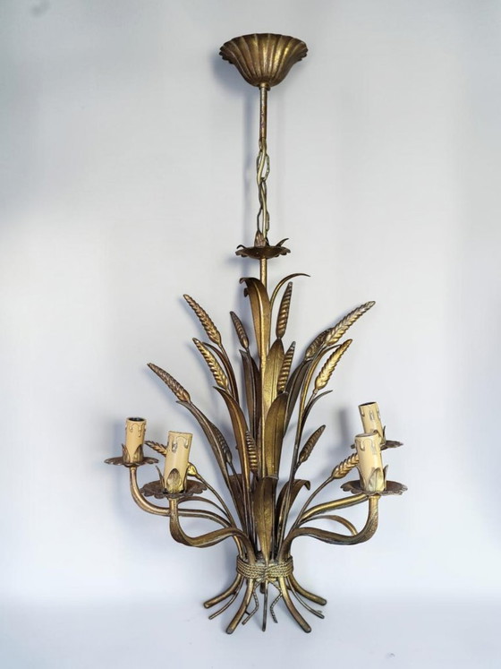 Image 1 of Lámpara de araña de metal dorado estilo Hollywood Regency, Hans Kögl, década de 1970.