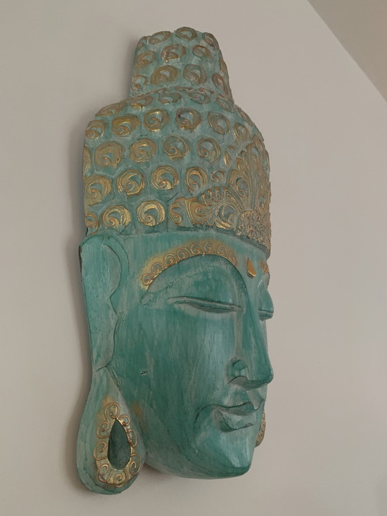 Image 1 of Buddha head wood blue-green and gold