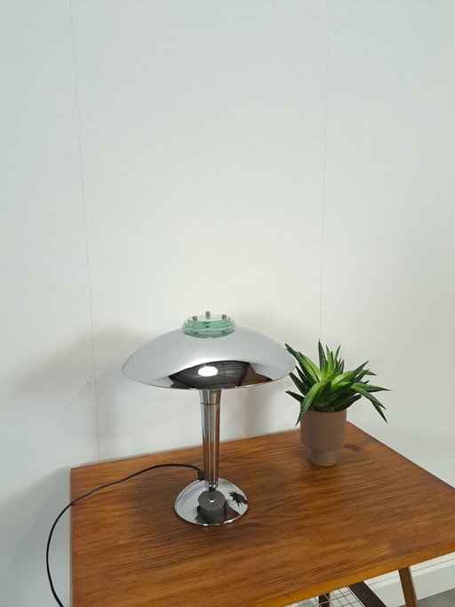 Lampada cromata con dettagli in vetro, lampada da tavolo