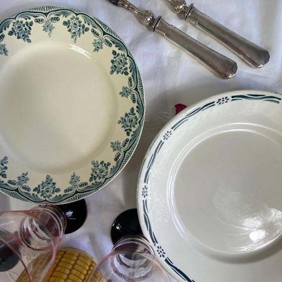 Image 1 of Set of 6 mismatched ironstone dinner plates, antique Sarreguemines earthenware, Choisy le Roi Boulenger Saint Amand