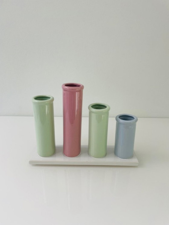 Image 1 of Ceramic multi-flower vase with 4 pastel-colored tubes