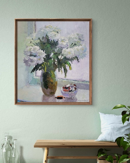 Original Oil Painting Still Life Chrysanthemums Flowers on the Window – schilderijen tekeningen, Canvas (photo 2 of 7)