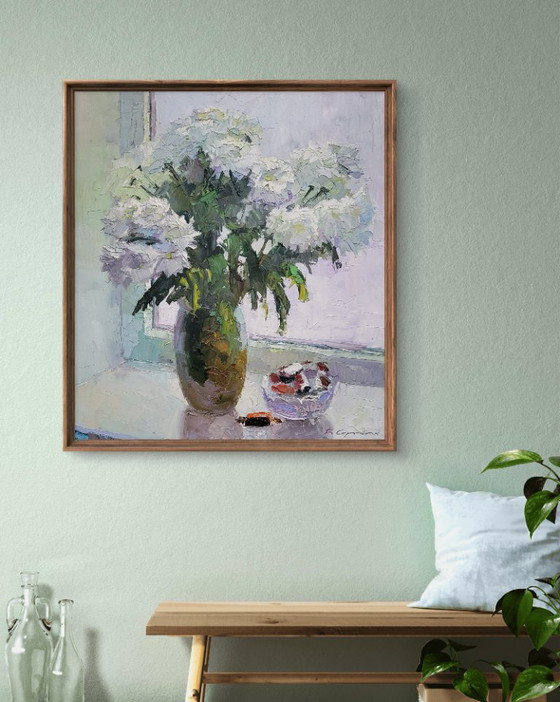Original Oil Painting Still Life Chrysanthemums Flowers on the Window – Paintings & Drawings, Canvas (photo 2 of 7)