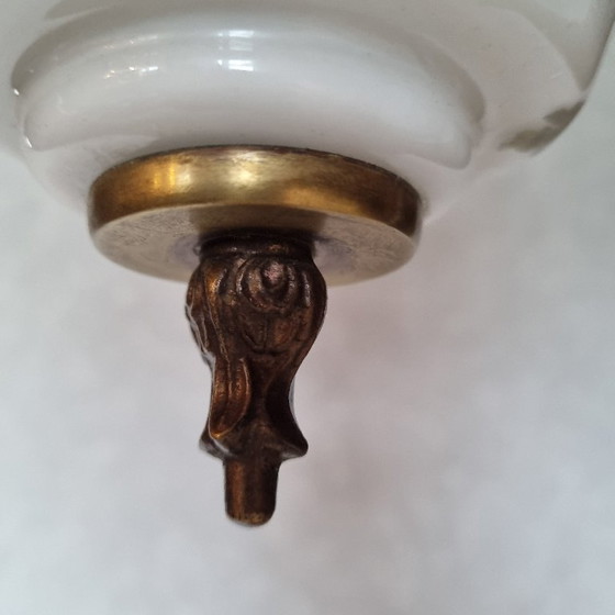 Image 1 of Lustre laiton et opaline à décors florales années 1970