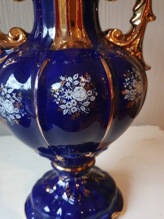 Image 1 of Exklusive italienische Keramikvase – kobaltblau mit Golddekor – 37 cm