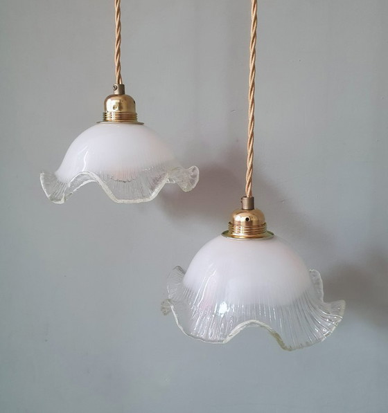Set di 2 lampade a sospensione vintage in vetro bianco satinato, forma floreale, texture – Metal (photo 18 of 23)