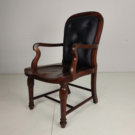 Image 1 of Sedia da biblioteca vittoriana inglese in noce e pelle
