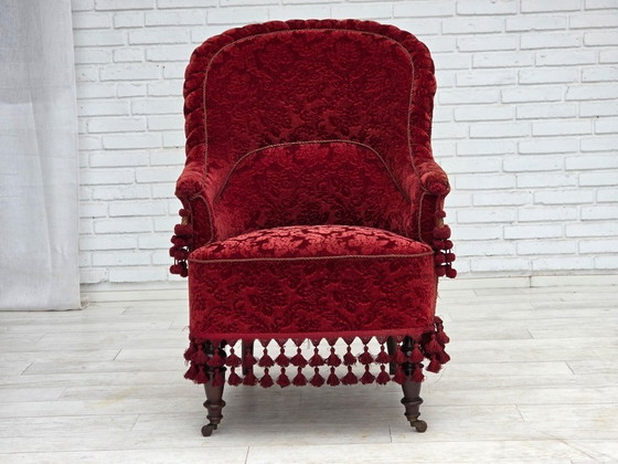 Image 1 of Fauteuil danois à haut dossier, années 1950, revêtement en velours, pieds en bois de hêtre.