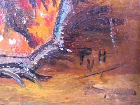 Image 1 of Nature morte aux fleurs – huile sur panneau – signée PvH – cadre doré de V. Dechamps – Habelange (Liège)