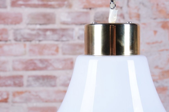 Restored Mid-Century Chandelier, Brass, Lacquered Steel, Czech, 1960s, Pendant lamps, Glass, Metal, Gold (photo 10 of 14)