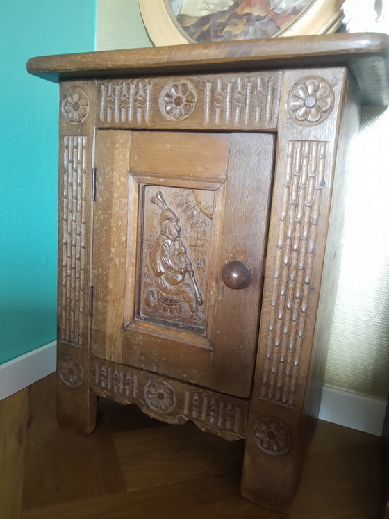 Unieke Set Handgemaakte Antieke Arts&Crafts Art-Nouveau Eikenhouten Kastjes Halkastjes Nachtkastjes, (photo 6 of 15)