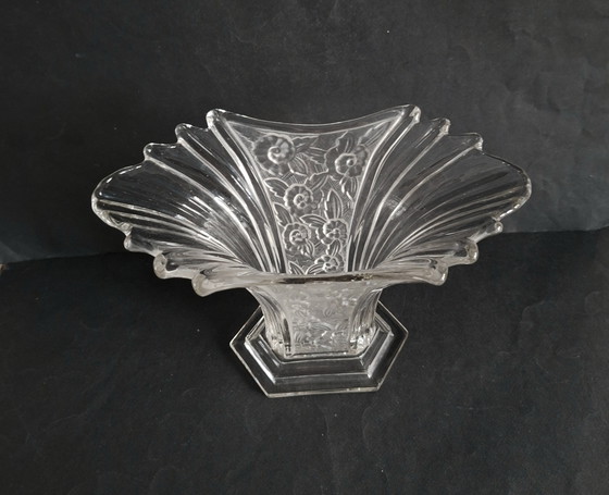 Image 1 of Art Deco crystal fan vase. Satin-finished floral motif in relief. "Czecoslovaque"