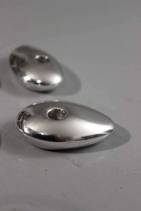 Image 1 of Bougeoirs galets vintage métal argenté design moderniste 1970s