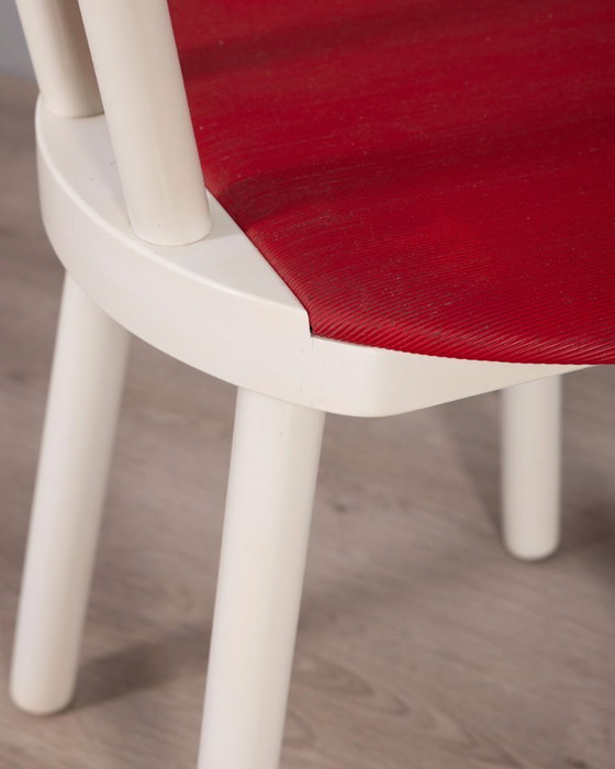 Image 1 of Set di 4 sedie vintage anni '80 in legno e vinile rosso, design italiano.