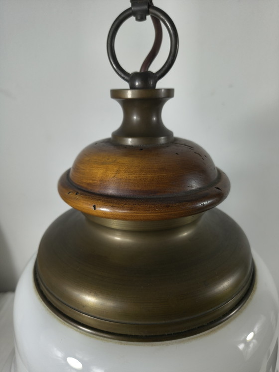 Image 1 of Vintage Scandinavian style pendant lamp – opaline glass & solid brass – Ø35 cm