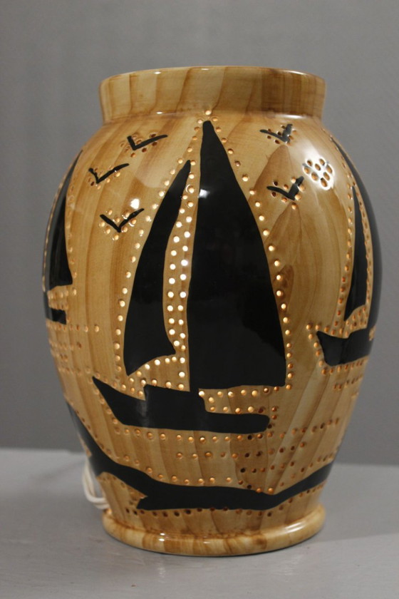 Image 1 of Grandjean Jourdan in Vallauris - Sfeerlamp met opengewerkte details en maritiem tafereel, jaren 1950