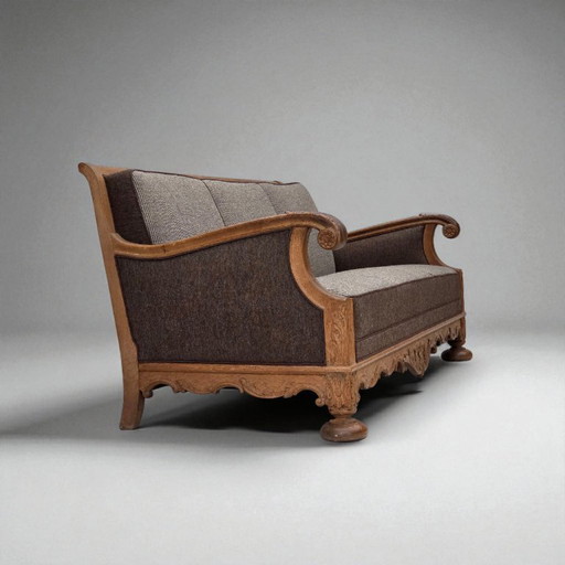 Divano danese a 3 posti, anni '50, lana per mobili, legno massello di rovere intagliato.