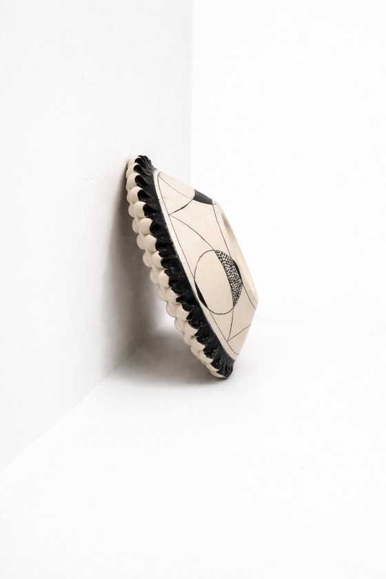 Image 1 of Caltagirone Ceramic Centerpiece, Sicilian Pottery Black & White Geometric Bowl, Hand-Painted Modernist Art, Handmade in Italy