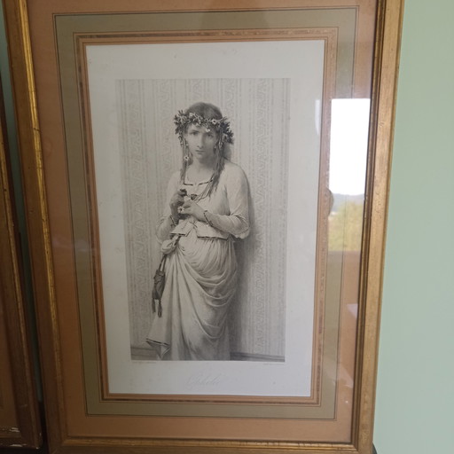 Schitterend Paar Antieke Gravures (19e Eeuw) – Ophelia & Marguerite – Bertrand & Deblois – lithos zeefdrukken (photo 2 of 6)