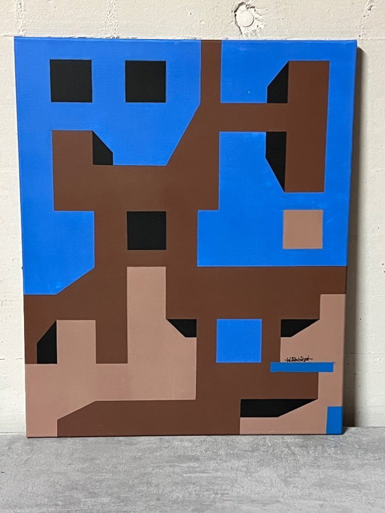 Image 1 of Escritorio Bauhaus original de la década de 1950 con 2 pinturas acrílicas a juego.