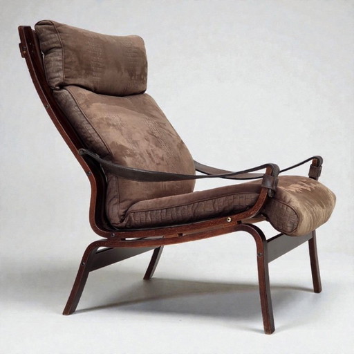 1970s, Scandinavian lounge chair, nubuck leather, canvas, beech wood.