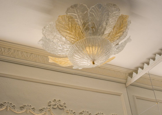Image 1 of Grand lustre en verre de Murano en forme de feuille, plafonnier vintage italien, verre ambré transparent, luminaires de Murano d