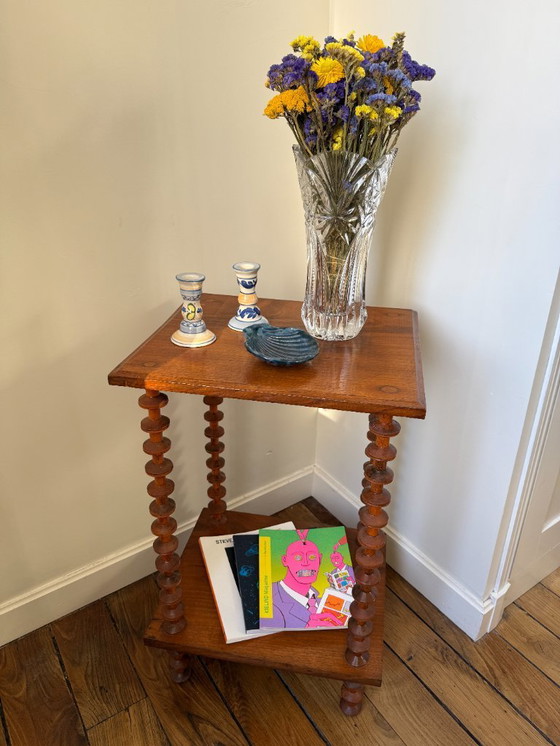 Image 1 of Table d'appoint / sellette en bois art déco étagère bobines années 50