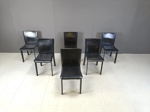 Chaises de salle à manger vintage en cuir noir par Cidue, ensemble de 6 - 1980S