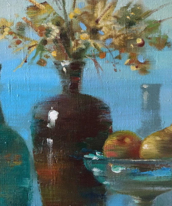 Originales Ölgemälde Abstraktes Flaschen-Früchte-Stillleben – Gemälde & Zeichnungen, Canvas (photo 6 of 12)
