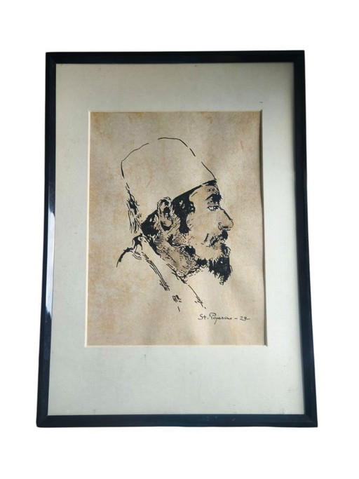 Original Ink Portrait Drawing, Signed St. Popescu (1929), Framed