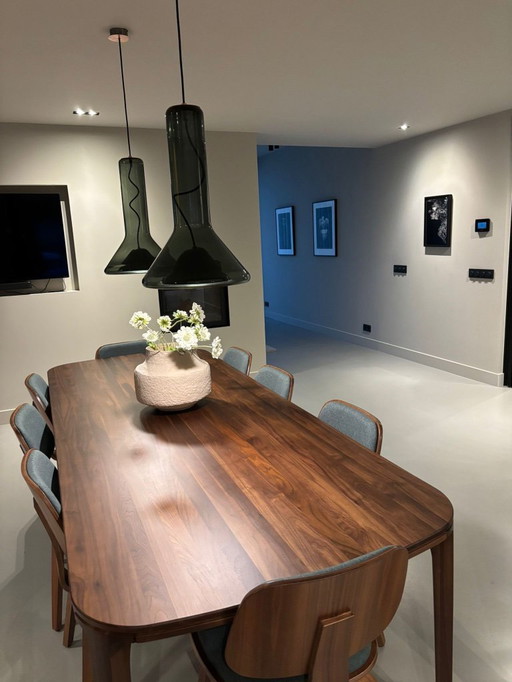 Sav & Okse | Table 260x100 matte lacquered walnut + 8 chairs (indigo upholstery)