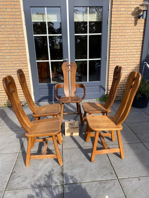 Set Van Vijf Massief Eiken Vintage Eetkamerstoelen, Gemaakt Door Meubelfabriek De Puydt. 