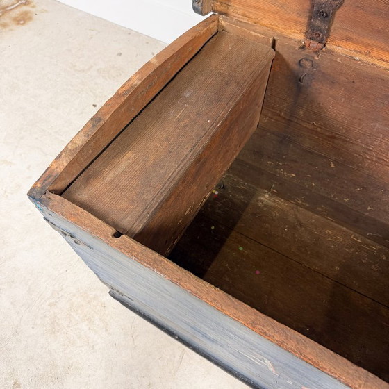 Baule antico dipinto di blu del 1871, Armadi contenitori, Legno, Metallo, Vintage (foto 12 di 15)