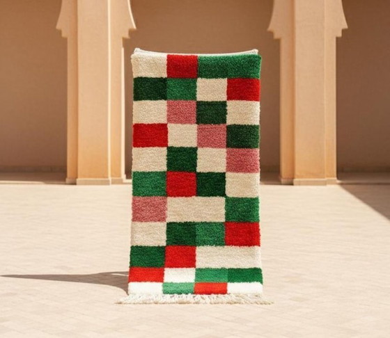 Image 1 of Christmas Moroccan Runner Rug – Red and Green Checkered Wool Hallway Runner, Handmade Berber Rug, Holiday Moroccan Decor, Cozy 