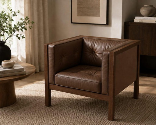 Sillón moderno Cubbes de cuero beige – Sillón escandinavo de madera maciza
