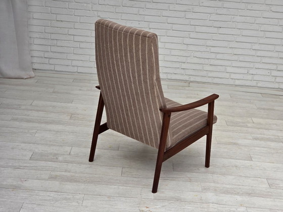 Image 1 of Poltrona danese con schienale alto, anni '70, lana per mobili, legno di teak, originale.