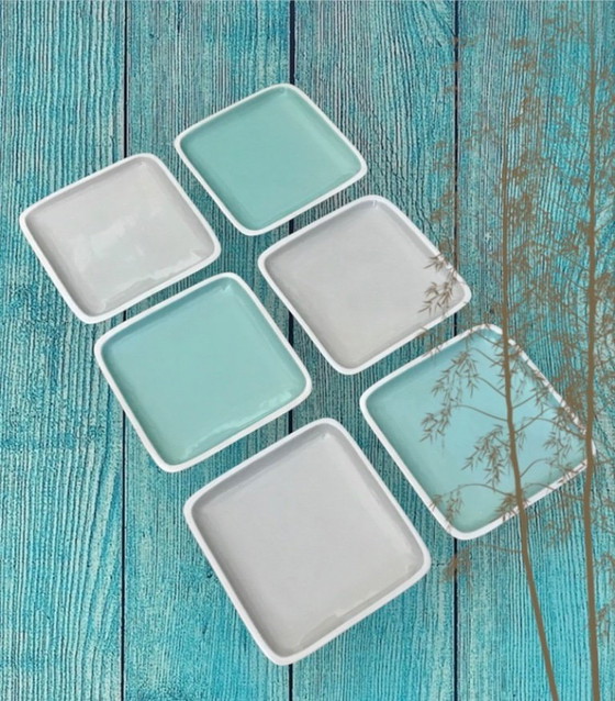 Image 1 of Set di 6 piatti da dessert quadrati turchese e grigio
