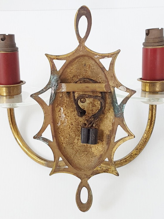 Image 1 of PRACHTIGE DUBBELE METALEN WANDLAMP, MESSING & GLAS, VINTAGE UIT DE JAREN 1940-1950