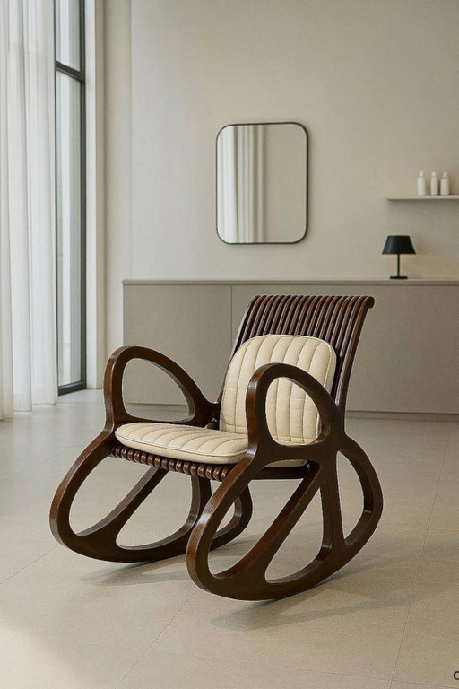 Moderner Schaukelstuhl aus Walnussholz, Bugholz-Lounge-Schaukelstuhl, cremefarbener Polstersessel, Wohnzimmerstuhl